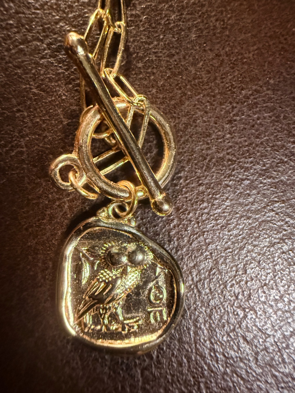 Gold Tone Owl of Athena Toggle Clasp Necklace